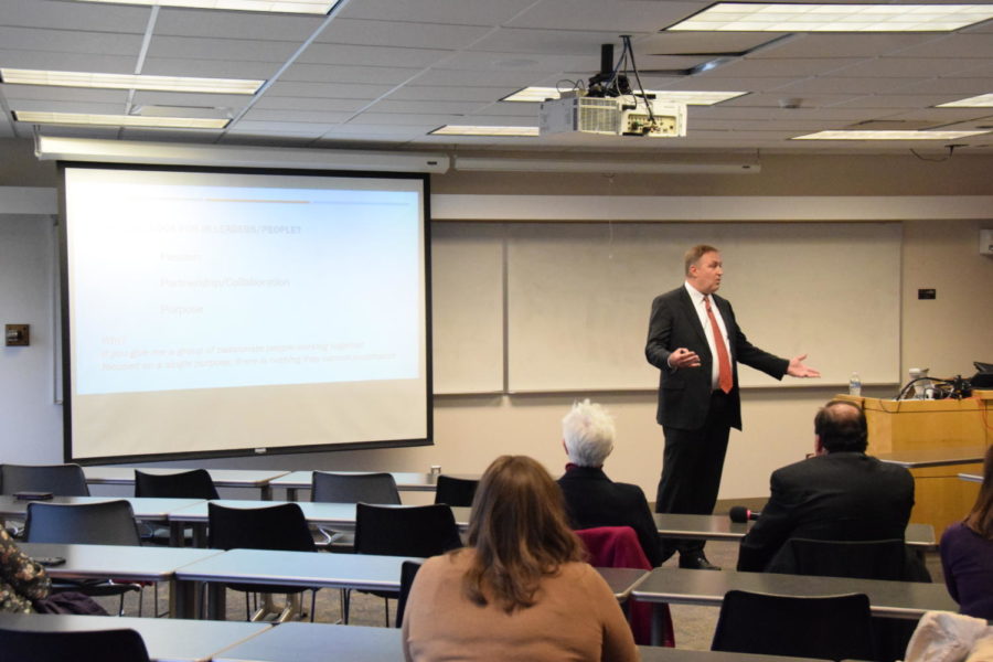 Jason Henderson pictured during his presentation at the public forum Iowa State held during the search for a new Vice President for Extension and Outreach.