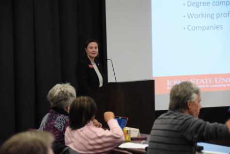 Sara Marcketti pictured during her presentation to the Faculty Senate, discussing the Center for Excellence in Learning and Teaching and their work consolidation Iowa States online programming with ISU Online.