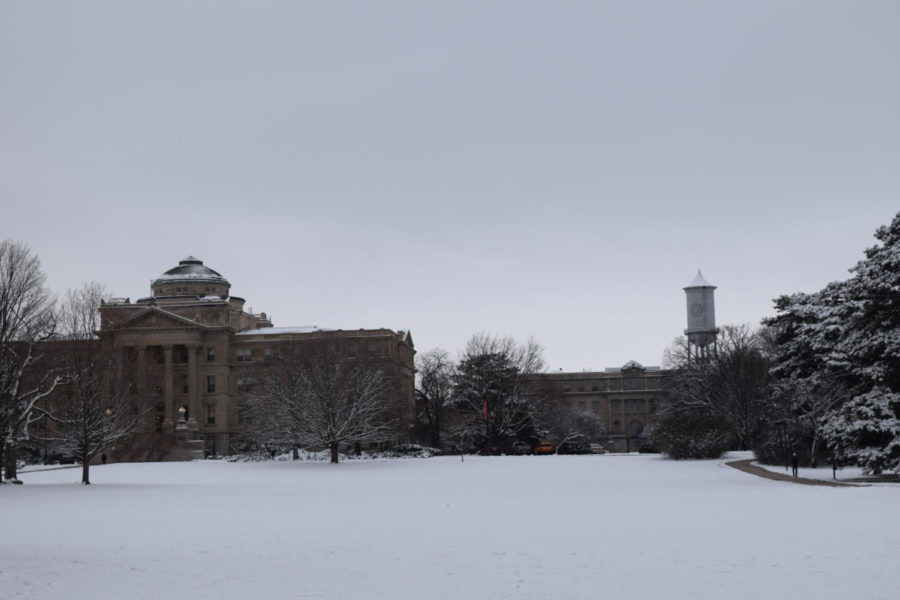 Iowa State Universitys central campus coated in snow.