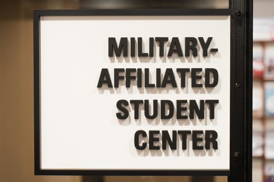 Signage to the entrance of the Military-Affiliated Student Center. Nov. 11, 2022.