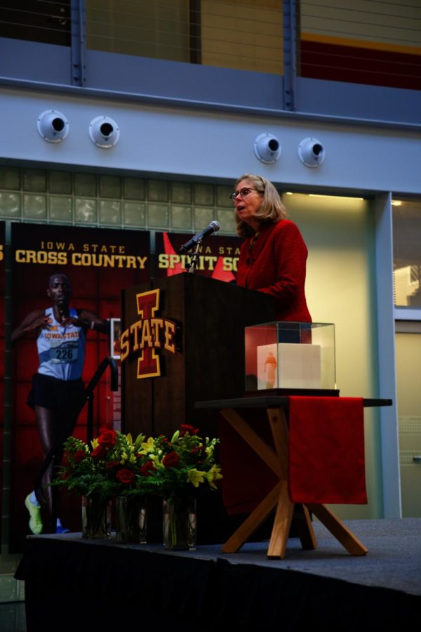 President Wendy Wintersteen giving her speech commemorating the one hundredth year anniversary of Jack Trice.