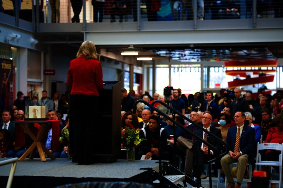 President Wendy Wintersteen facing the public for her speech.
