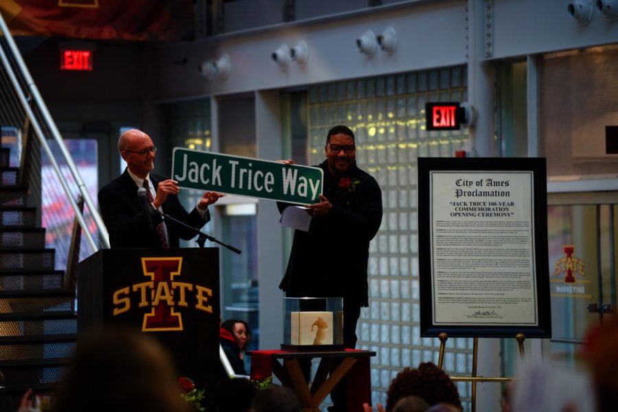 Unveiling the Jack Trice Way road sign.