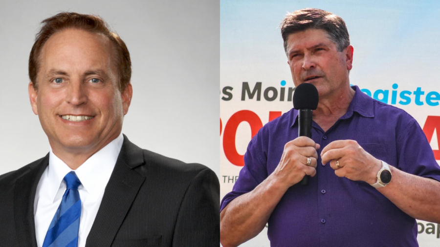 The image of Republican incumbent Paul Pate (left) is the courtesy of Pate for Secretary of State, and the image of Democratic candidate Joel Miller (right) is the courtesy of Iowa Public Radio.