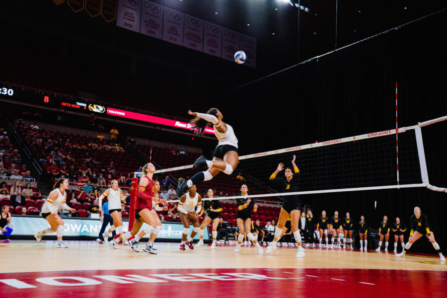 Maya Duckworth leaps for a kill during an exhibition game versus Missouri on Aug. 19.