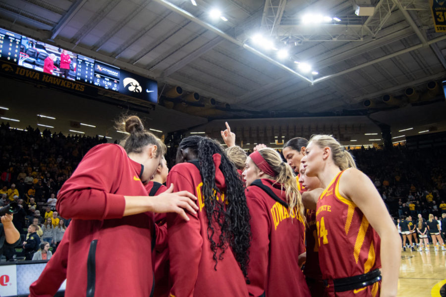 The Iowa State Womens Basketball team huddles before the game against Iowa at Carver-Hawkeye Arena on Dec. 7, 2022.