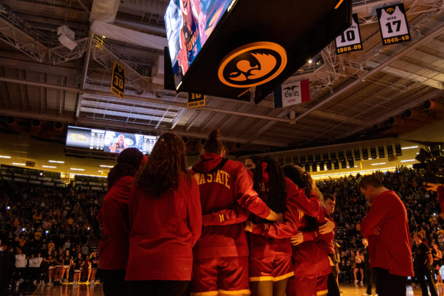 The Iowa State Womens Basketball team huddles before the game against Iowa at Carver-Hawkeye Arena on Dec. 7, 2022.