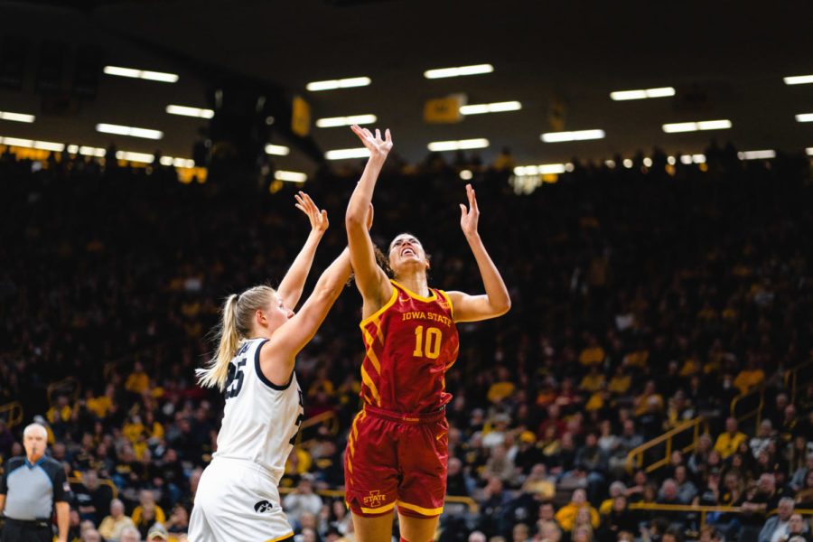 Stephanie Soares shoots for two at the CyHawk 2022 womens basketball game. Dec. 7, 2022. 