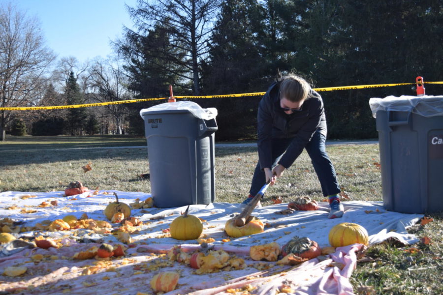 While walking to class, students could stop by Student Governments Smashing Pumpkin event to let off some steam.
