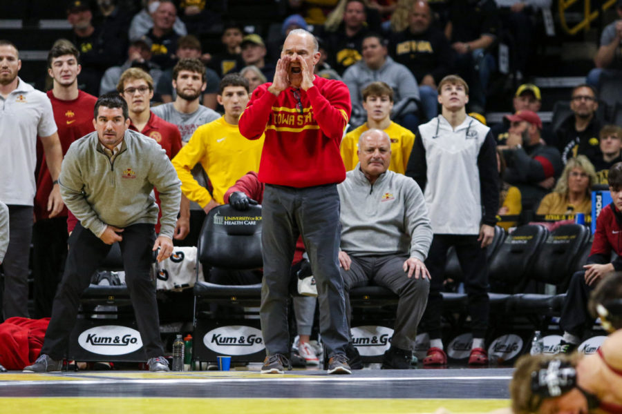 Iowa+State+Head+Coach+Kevin+Dresser+coaches+from+the+Cyclones+corner+during+the+CyHawk+wrestling+dual+on+Dec.+4%2C+2022.