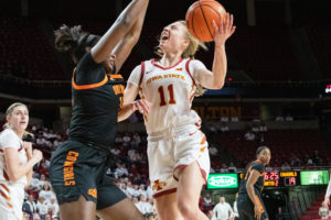 Emily Ryan tries for a layup during the game against Oklahoma State in Hilton Coliseum on Jan. 18, 2023.