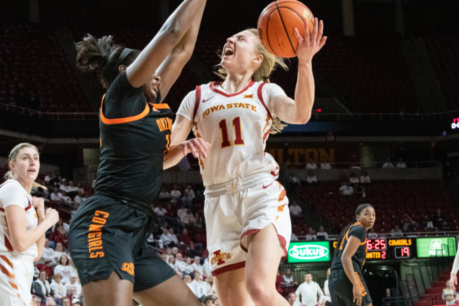 Emily+Ryan+tries+for+a+layup+during+the+game+against+Oklahoma+State+in+Hilton+Coliseum+on+Jan.+18%2C+2023.