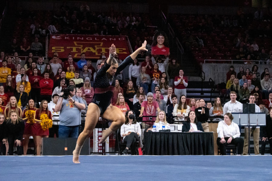 Alondra Maldonado gets a running start in her floor routine during the meet against Eastern Michigan and UC Davis in Hilton Coliseum on Jan. 20, 2023.