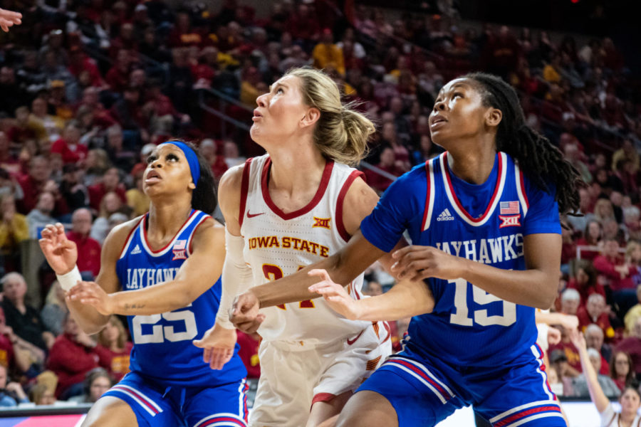 Ashley Joens waits underneath the hoop to try and rebound a ball during the game against Kansas in Hilton Coliseum on Jan. 21, 2023.