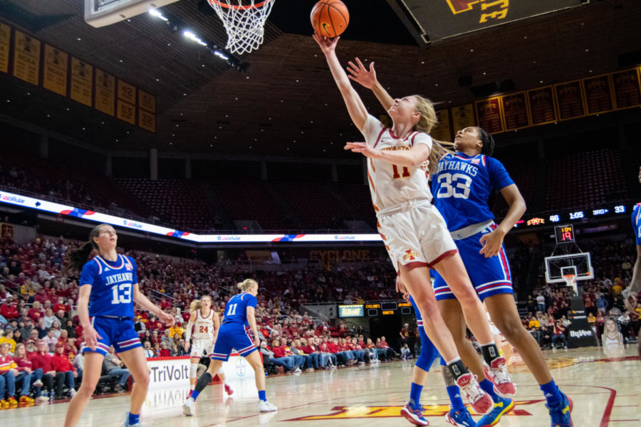 Emily+Ryan+attempts+a+layup+during+the+game+against+Kansas+in+Hilton+Coliseum+on+Jan.+21%2C+2023.