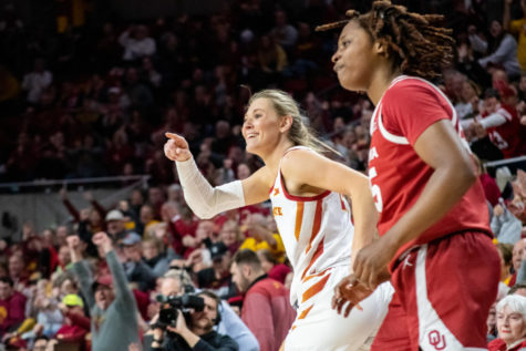 Ashley Joens smiles after making a three-point during the game against Oklahoma in Hilton Coliseum on Jan. 28, 2023.