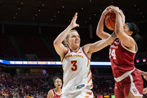 Denae Fritz attempts to strip the ball away during the game against Oklahoma in Hilton Coliseum on Jan. 28, 2023.