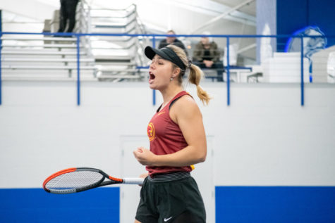 Miska Kadleckova celebrates winning a match against Drake University at the Roger Knapp Tennis Center on Jan. 14, 2023.