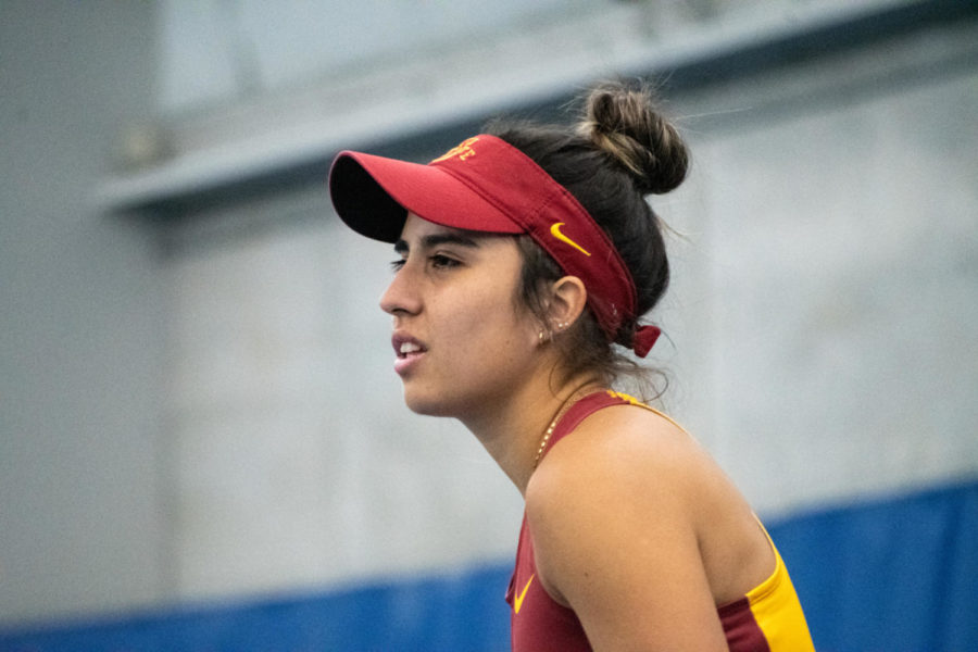Sofia Cabezas prepares to receive the ball during her match against Drake University at the Roger Knapp Tennis Center on Jan. 14, 2023.