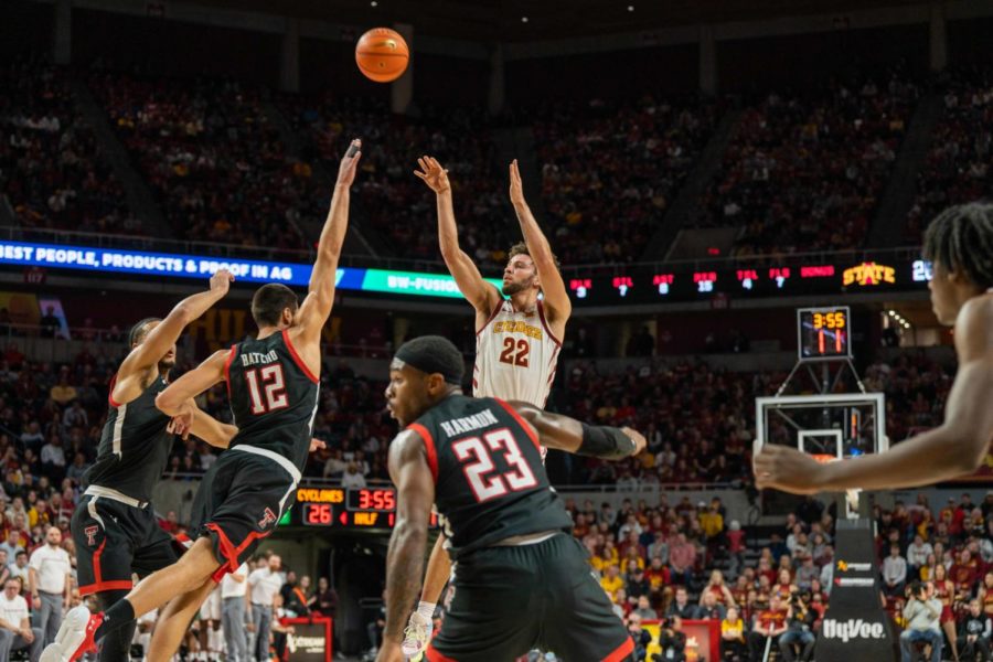 Gabe Kalscheur with the shot during the game against Texas Tech in Hilton Coliseum on Jan. 10th, 2023.