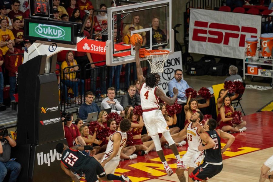 Demarion Watson blocking the ball during the game against Texas Tech in Hilton Coliseum on Jan. 10th, 2023.