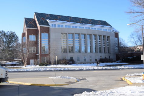 The east face of the Hixon-Lied Student Success Center pictured on a winter day.