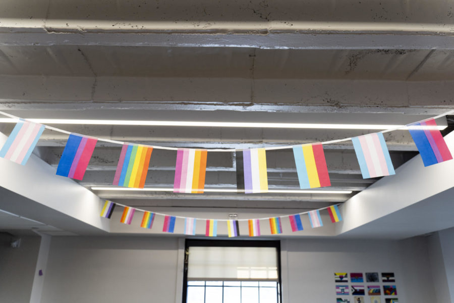 Pride flags are displayed at the Center for LGBTQIA+ Student Success in the Memorial Union.