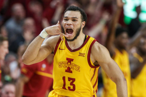 Jaren Holmes celebrates a three-pointer against K-State on Jan. 24. Holmes led the Cyclones in scoring with 23 points.