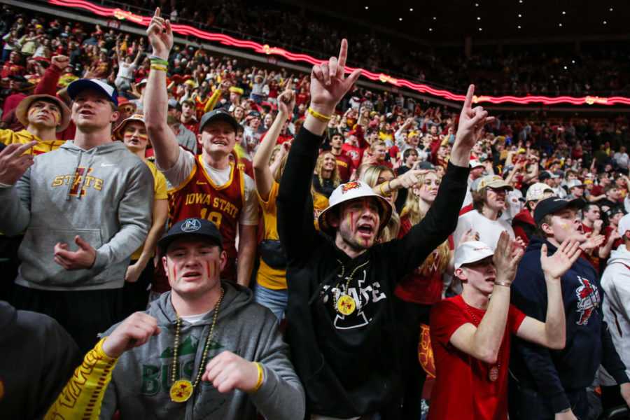 The Iowa State student section celebrates a Cyclone bucket against K-State on Jan. 24.