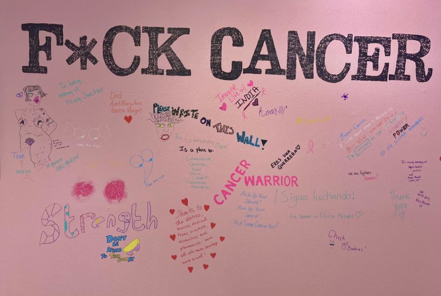 This+wall+is+paired+with+markers+for+visitors+to+write+messages+about+cancer+and+strength.