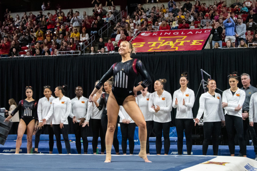 Laura Cooke begins her floor routine during the match against Central Michigan in Hilton Coliseum on Feb. 12, 2023.