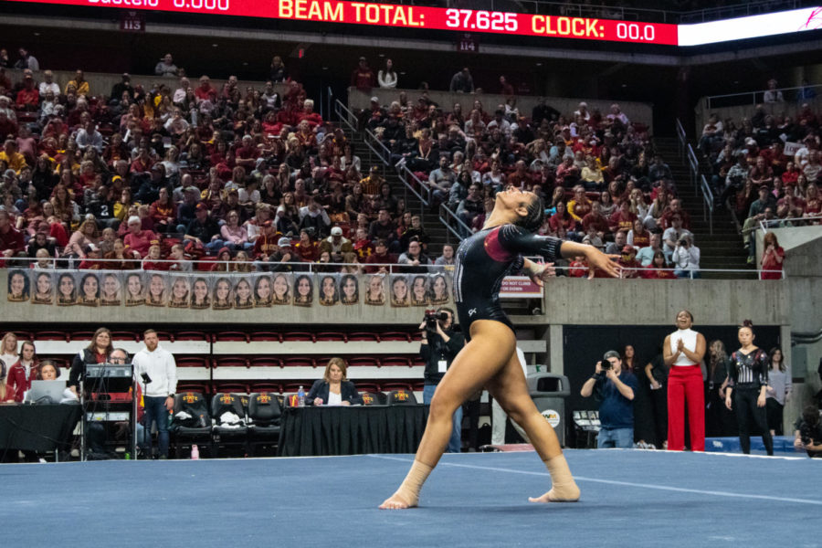 Alondra Maldonado strikes a pose in her floor routine during the match against Central Michigan in Hilton Coliseum on Feb. 12, 2023.