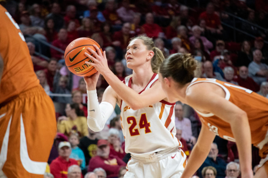 Ashley+Joens+attempts+a+free+throw+during+the+game+against+Texas+in+Hilton+Coliseum+on+Feb.+13%2C+2023