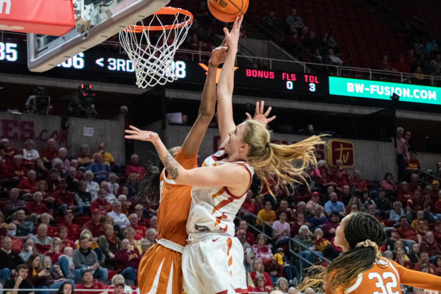 Denae+Fritz+attempts+a+layup+during+the+game+against+Texas+in+Hilton+Coliseum+on+Feb.+13%2C+2023