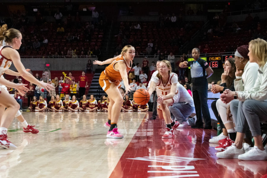 Emily Ryan attempts an inbound play towards the end of the game against Texas in Hilton Coliseum on Feb. 13, 2023.