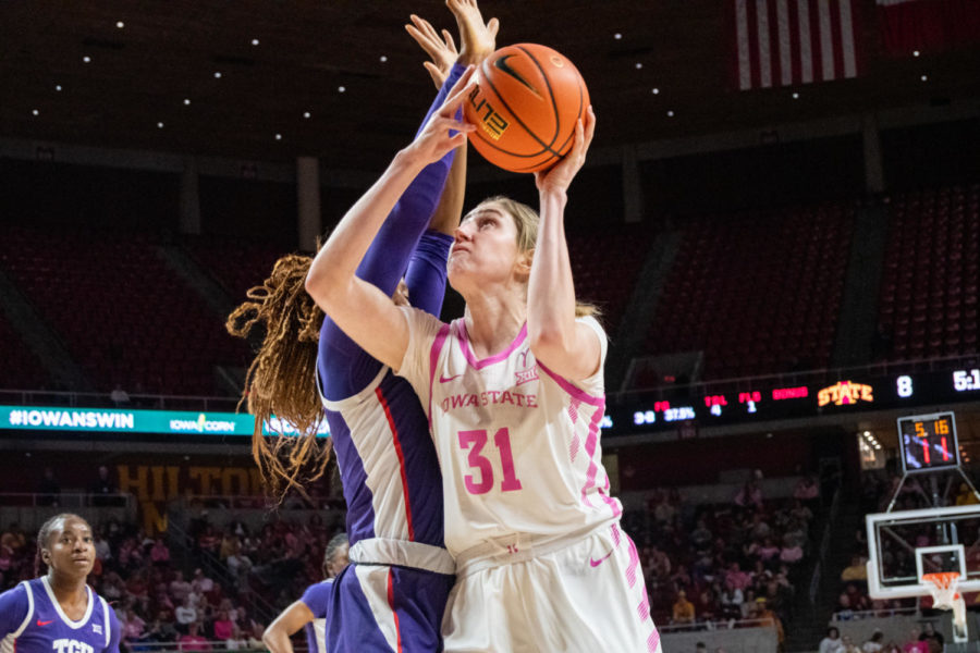Morgan Kane attempts a layup during the game against TCU in Hilton Coliseum on Feb. 25, 2023.