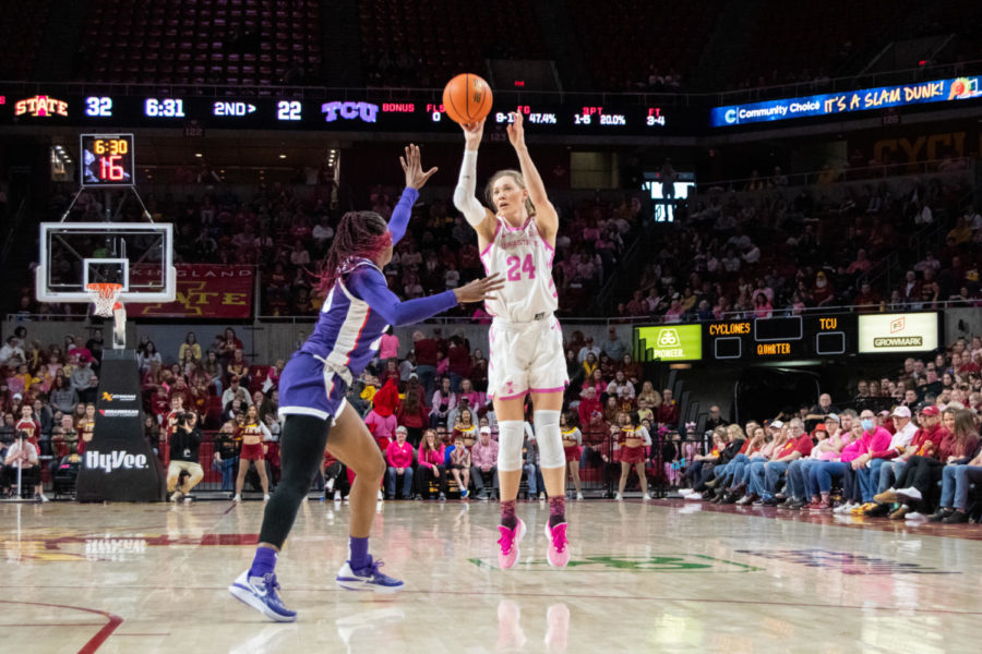 Ashley+Joens+attempts+a+three+during+the+game+against+TCU+in+Hilton+Coliseum+on+Feb.+25%2C+2023.