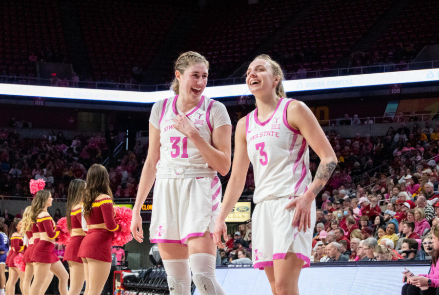 (From L to R) Morgan Kane and Denae Fritz share a laugh during the game against TCU in Hilton Coliseum on Feb. 25, 2023.