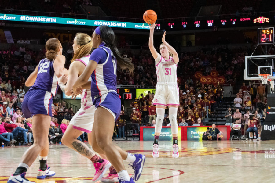 Morgan Kane attempts a three during the game against TCU in Hilton Coliseum on Feb. 25, 2023.