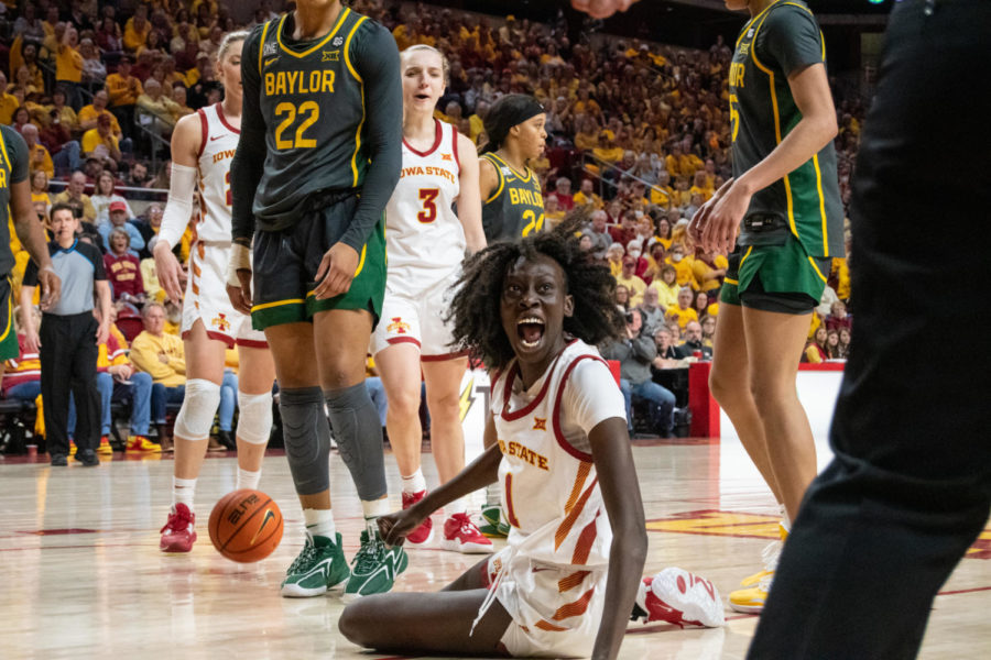 Nyamer Diew cheers as an and-one is called during the game against Baylor in Hilton Coliseum on Feb. 4, 2023.