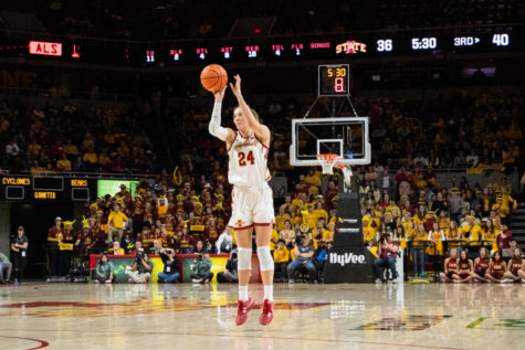 Ashley Joens attempts a three during the game against Baylor in Hilton Coliseum on Feb. 4, 2023.