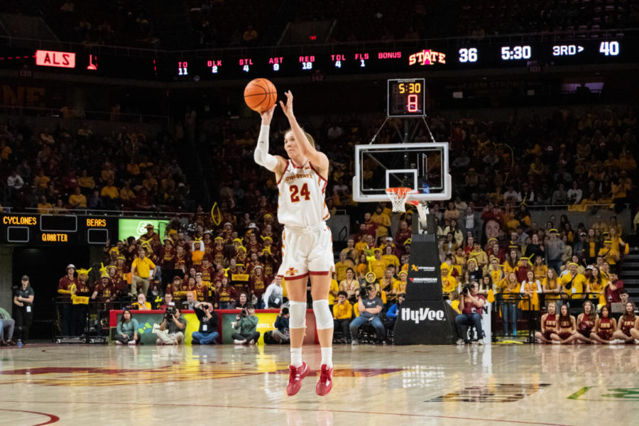 Ashley+Joens+attempts+a+three+during+the+game+against+Baylor+in+Hilton+Coliseum+on+Feb.+4%2C+2023.