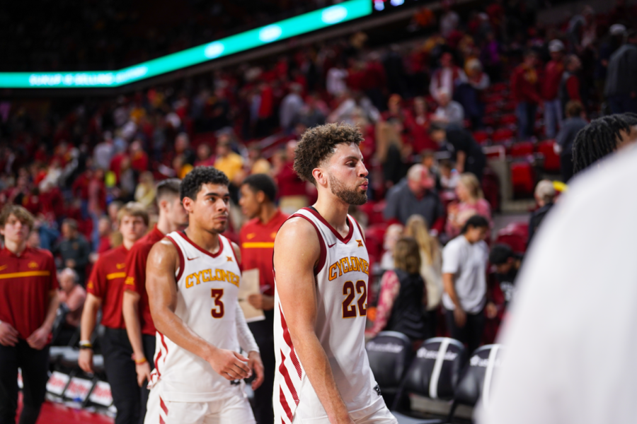 Gabe+Kalscheur+walks+off+the+floor+after+the+Cyclones+suffer+their+first+loss+of+the+year+in+Hilton+Coliseum+against+OSU+on+Feb.+11%2C+2023.