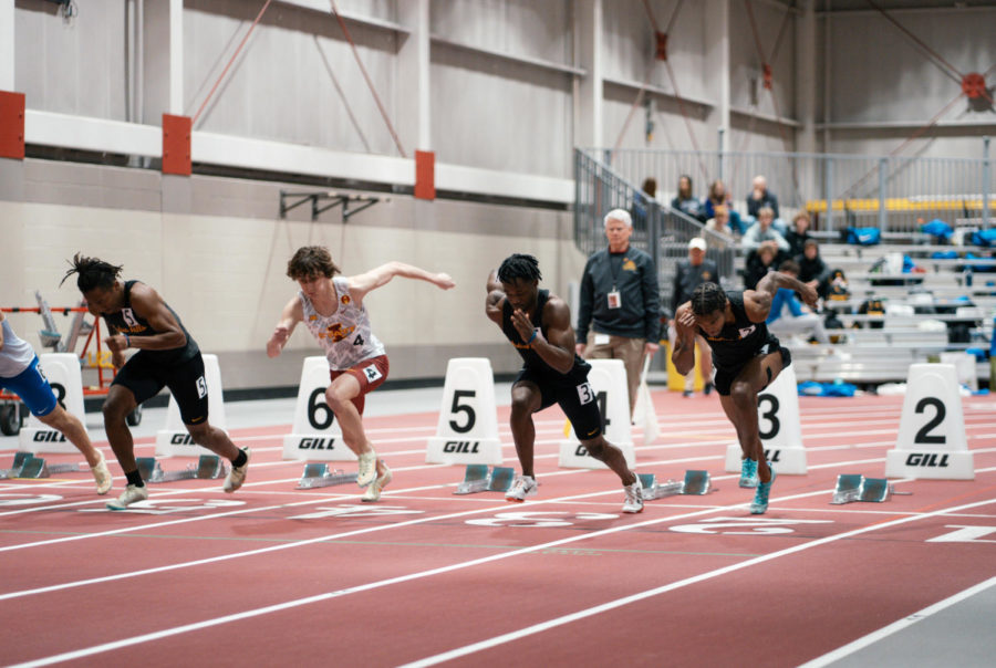 Mikey McClain in the mens 60m at Lied Recreational Center in the ISU Classic on Feb. 4, 2023.