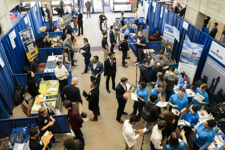 Iowa State students interact with the many booths at the Spring Engineering Career Fair on Feb. 7, 2023. 