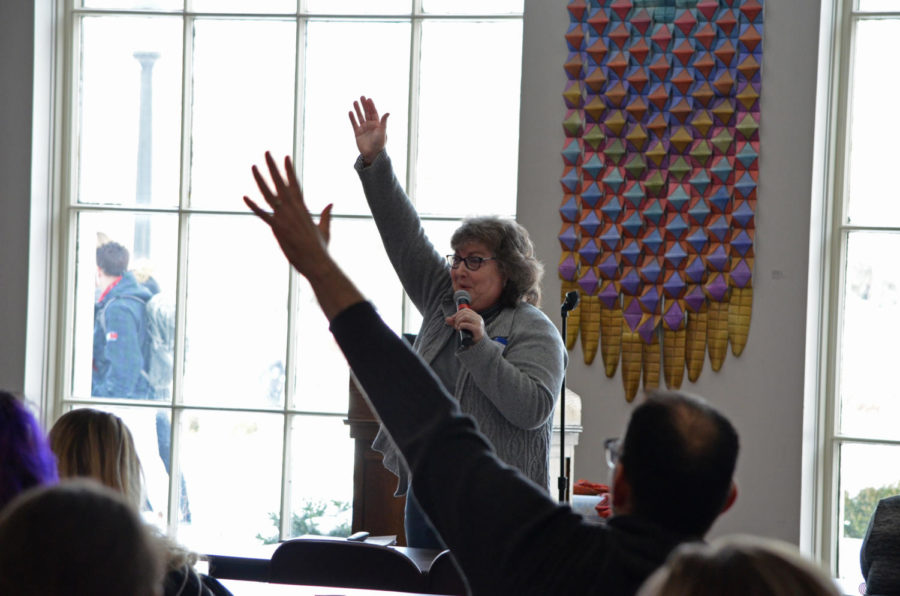 Sue Tew-Warming, President of Heartland Wellbeing Institute, leads a Mindfulness at Work breakout room in the Campanile Room of the Memorial Union on Feb. 3. 