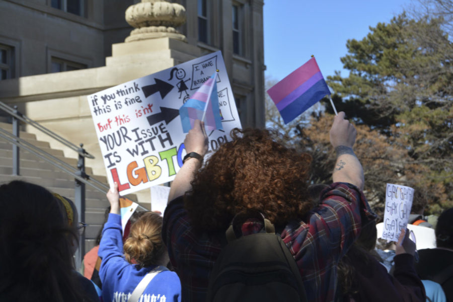 Members of the LGBTQIA+ walkout head toward Parks Library on March 1, 2023.