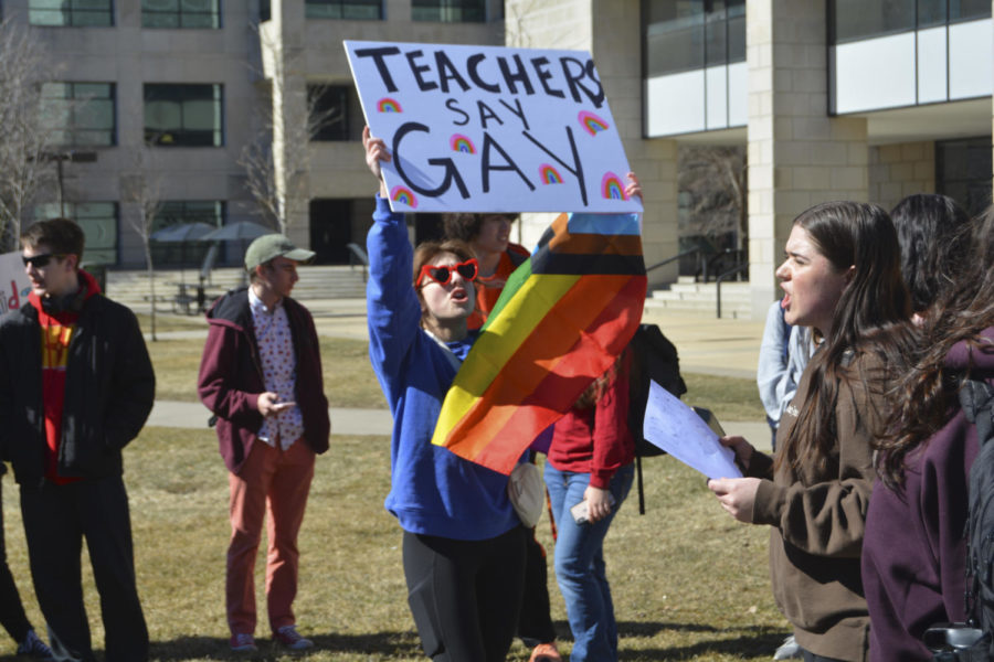 Members of the LGBTQIA+ walkout rally together at the free speech zone near Parks Library on March 1, 2023.