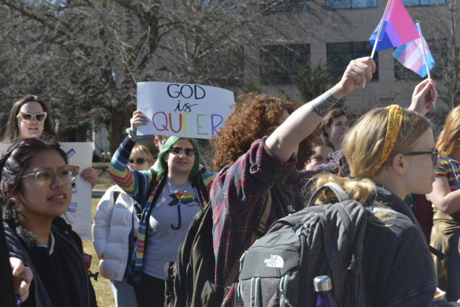 Members of the LGBTQIA+ walkout rally together at the free speech zone near Parks Library on March 1, 2023.