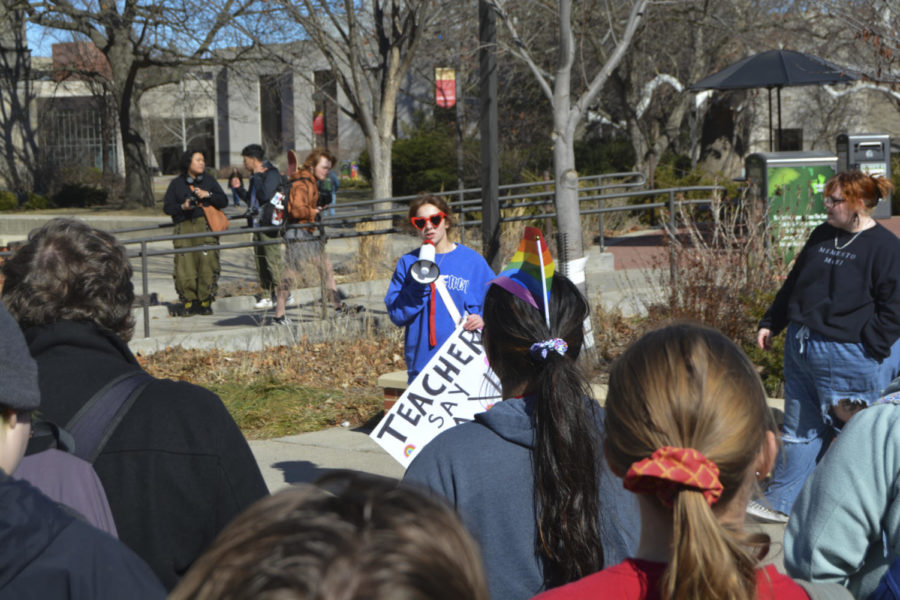 Iowa State student Jackie Kluesner addresses the members of the LGBTQIA+ walkout at the free speech zone near Parks Library on March 1, 2023.